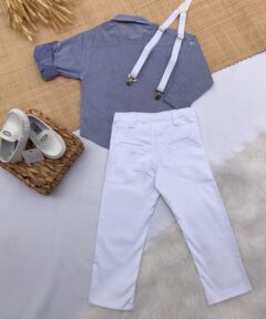 Camisa masculina Azul linha Branca Algodão manga longa infantil menino