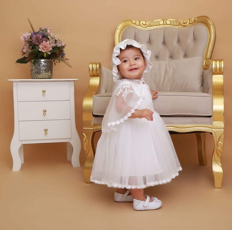 Vestido infantil menina bebê batizado Daminha Casamento 3 peças Renda Branco Premium Luxo