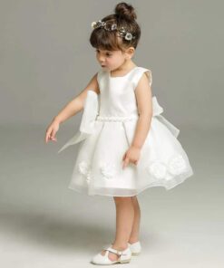 Vestido infantil menina bebê Festa Daminha Batizado Laço Grande Renda Branco Premium Luxo