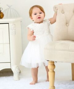Vestido infantil menina bebê Princesa Festa Casamento batizado Renda Manga Curta Branco Premium Luxo