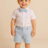 Conjunto Batizado Benjamin com Camisa Manga Curta Bermuda e Gravata Borboleta em Tecido Flamê Textura Linho Azul Bebê Festas Casamento