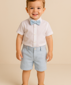 Conjunto Batizado Benjamin com Camisa Manga Curta Bermuda e Gravata Borboleta em Tecido Flamê Textura Linho Azul Bebê Festas Casamento