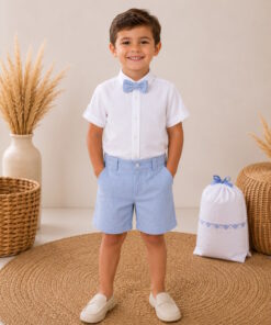 Conjunto Benjamin Camisa Manga Curta Bermuda e Gravata Borboleta em Flamê Azul Bebê