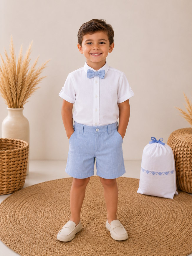 Conjunto Benjamin Camisa Manga Curta Bermuda e Gravata Borboleta em Flamê Azul Bebê