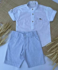 Alternative view of Conjunto infantil menino Verão Bata Gola Padre e Bermuda Tecido Flamê Textura Linho Azul Bebê Festas Batizado Casamento