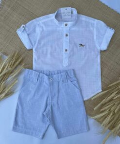 Conjunto infantil menino Verão Bata Gola Padre e Bermuda Tecido Flamê Textura Linho Azul Bebê Festas Batizado Casamento
