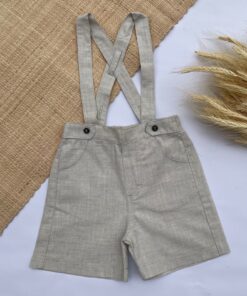 Jardineira Premium Linho Bege Macacão Menino Bermuda Infantil Luxo