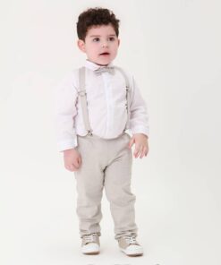 Conjunto Premium Infantil Menino Body Branco Calça e Gravata e Suspensório Bege Festas