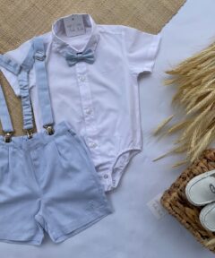 Conjunto Premium Infantil Menino Body Branco Bermuda Gravata e Suspensório Azul Bebê