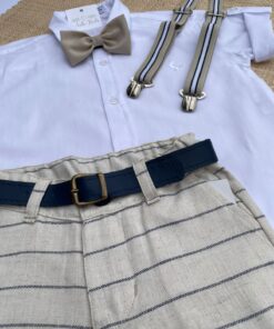 Alternative view of Conjunto Infantil Menino Camisa Manga Curta Bermuda Linho com cinto Gravata e Suspensório Bege listras Premium