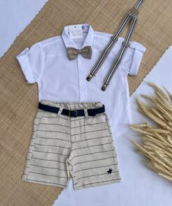 Conjunto Infantil Menino Camisa Manga Curta Bermuda Linho com cinto Gravata e Suspensório Bege listras Premium
