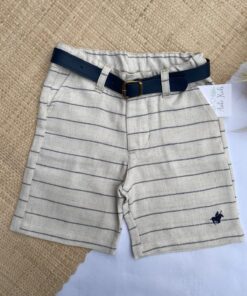 Bermuda em Linho Bege com cinto Azul Marinho bebê infantil masculina Festas menino batizados casamento