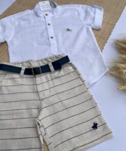 Alternative view of Conjunto Infantil Menino Bata Cambraia Manga Curta Bermuda Bege Linho com cinto Azul Premium