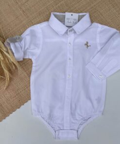 Body branco com detalhe bege infantil bebe manga longa Luxo Batizado Festas