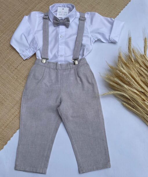 Conjunto Premium Infantil Menino Body ou Camisa Calça e Gravata e Suspensório Bege Festas
