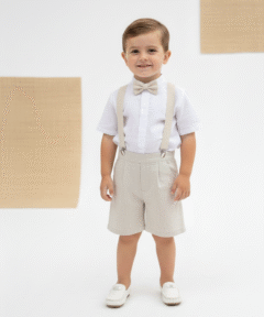 Conjunto Infantil Menino Camisa Bermuda Gravata Suspensório Bege Batizado Festas Premium