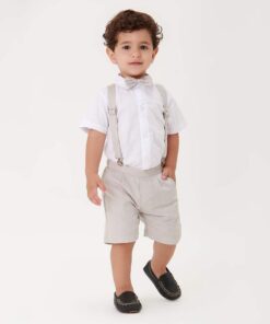 Conjunto Premium Infantil Menino Body Bermuda Gravata Suspensório Bege Batizado Festas