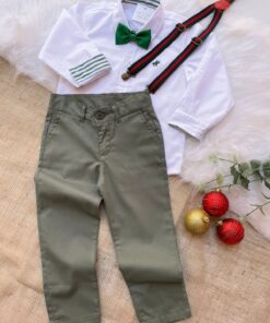 Conjunto Infantil Menino Camisa Manga Longa detalhe Calça Sarja verde  Premium Suspensório Gravata
