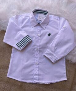 Camisa Infantil menino Branca com detalhe Verde Festa natal Batizado Casamento