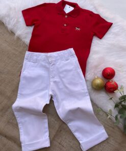 Conjunto Infantil Menino Camisa Polo Manga Curta Vermelha  Calça Linho branca