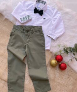 Conjunto Infantil Menino Camisa Manga Longa detalhe Calça Sarja verde  Premium Gravata