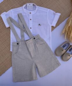 Conjunto Batizado Casamento Verão infantil menino com Bata Gola Padre manga curta e Jardineira bermuda Linho bege