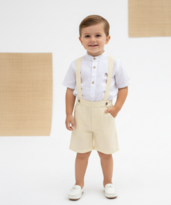 Conjunto Batizado Thomas Casamento infantil menino Bata Gola Padre manga curta e Jardineira bermuda em Flamê Textura de Linho Amarelo Verão