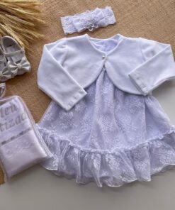 Vestido infantil Batizado e Festas Ano Novo menina com Renda Flores e Faixa de cabeça