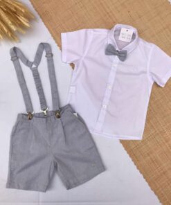 Conjunto Luxo Premium Infantil Menino Camisa Bermuda e Gravata e Suspensório Cinza Rustico