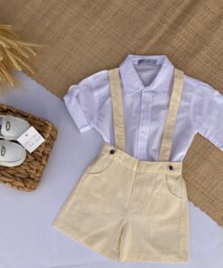 Conjunto Batizado Casamento infantil menino Verão Camisa manga curta e Jardineira bermuda Linho Amarelo