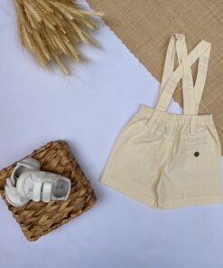 Conjunto Batizado Casamento infantil menino Verão Camisa manga curta e Jardineira bermuda Linho Amarelo