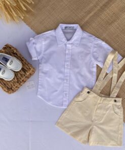 Conjunto Batizado Casamento infantil menino Verão Camisa manga curta e Jardineira bermuda Linho Amarelo