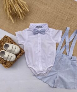 Conjunto Batizado Casamento Verão infantil menino Body manga curta e Jardineira e gravata Linho Azul Bebê