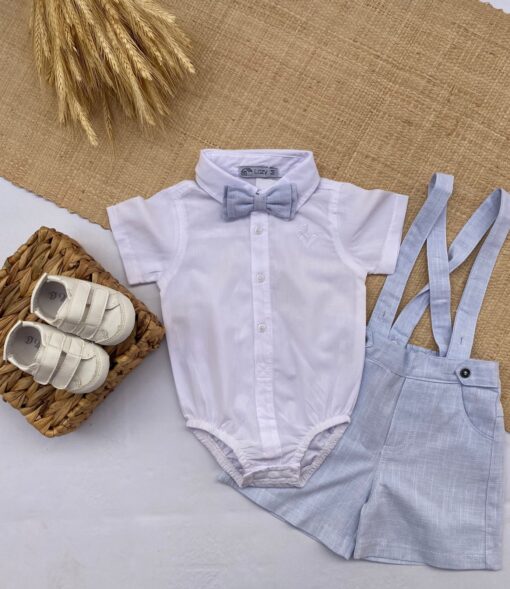 Conjunto Batizado Casamento Verão infantil menino Body manga curta e Jardineira e gravata Linho Azul Bebê