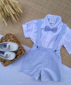 Conjunto Batizado Casamento Verão infantil menino Camisa manga curta e Jardineira e gravata Linho Azul Bebê