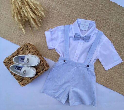 Conjunto Batizado Casamento Verão infantil menino Camisa manga curta e Jardineira e gravata Linho Azul Bebê