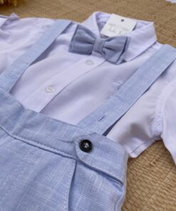 Conjunto Batizado Casamento Verão infantil menino Camisa manga curta e Jardineira e gravata Linho Azul Bebê