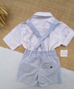 Conjunto Batizado Casamento Verão infantil menino Camisa manga curta e Jardineira e gravata Linho Azul Bebê