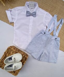 Conjunto Batizado Casamento Verão infantil menino Camisa manga curta e Jardineira e gravata Linho Azul Bebê