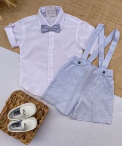 Conjunto Batizado Casamento Verão infantil menino Camisa manga curta e Jardineira e gravata Linho Azul Bebê