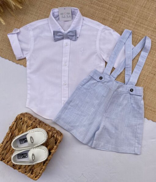 Conjunto Batizado Casamento Verão infantil menino Camisa manga curta e Jardineira e gravata Linho Azul Bebê