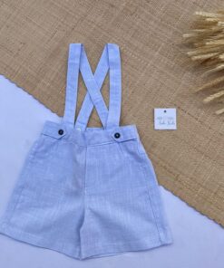 Conjunto Batizado Casamento Verão infantil menino Camisa manga curta e Jardineira e gravata Linho Azul Bebê