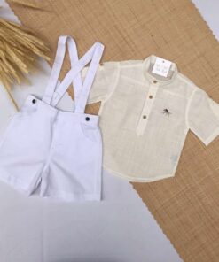 Conjunto Premium Festas Batizado Casamento Verão infantil menino Bata Cambraia Off White e Jardineira bermuda Linho Branco