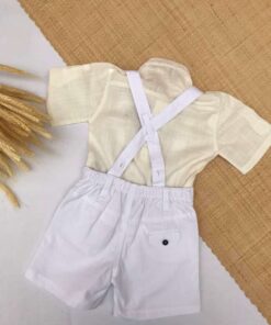 Conjunto Premium Festas Batizado Casamento Verão infantil menino Bata Cambraia Off White e Jardineira bermuda Linho Branco