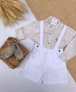 Conjunto Premium Festas Batizado Casamento Verão infantil menino Bata de Linho e Jardineira bermuda Linho Branco