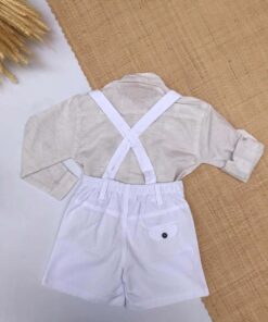 Conjunto Premium Festas Batizado Casamento Verão infantil menino Bata de Linho e Jardineira bermuda Linho Branco