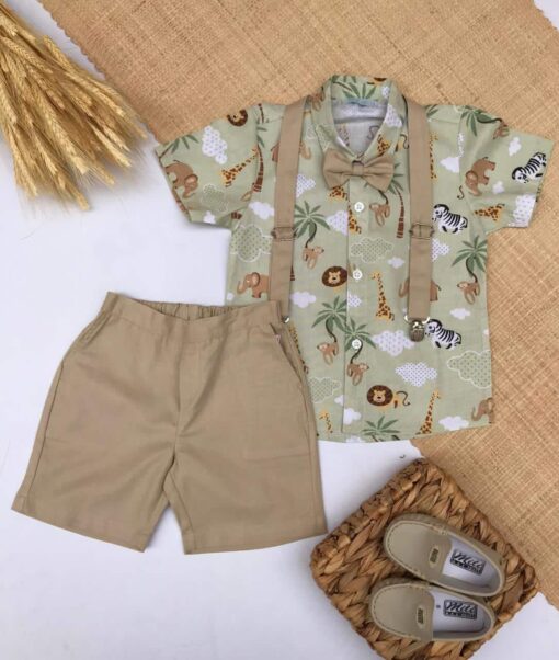 Conjunto Premium  Infantil Menino Camisa Bordada Bermuda e Gravata e Suspensório Marrom Festas