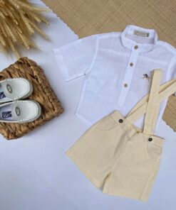 Conjunto Verão Batizado Casamento infantil menino Bata Gola Padre manga curta e Jardineira bermuda Linho Amarelo
