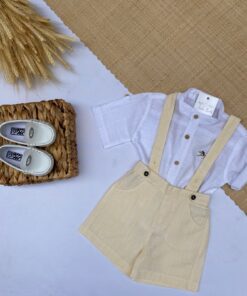 Conjunto Verão Batizado Casamento infantil menino Bata Gola Padre manga curta e Jardineira bermuda Linho Amarelo