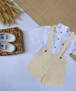 Conjunto Verão Batizado Casamento infantil menino Bata Gola Padre manga curta e Jardineira bermuda Linho Amarelo